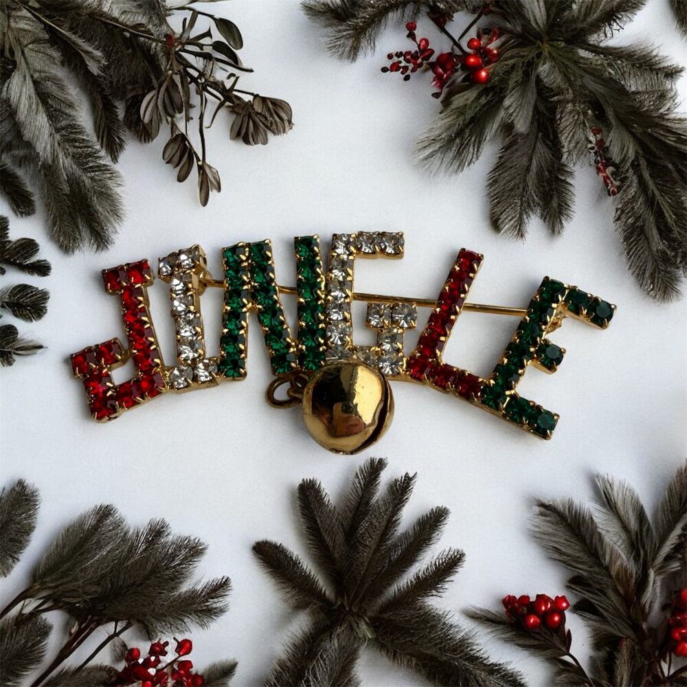 Vintage Gold Tone Elegant JINGLE With Bell Rhinestone Christmas Brooch Pin